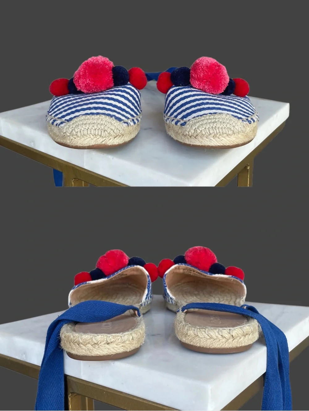 J. CREW Blue White Striped Canvas w/ Pink Pom Pom Ankle Wrap Espadrilles Flats